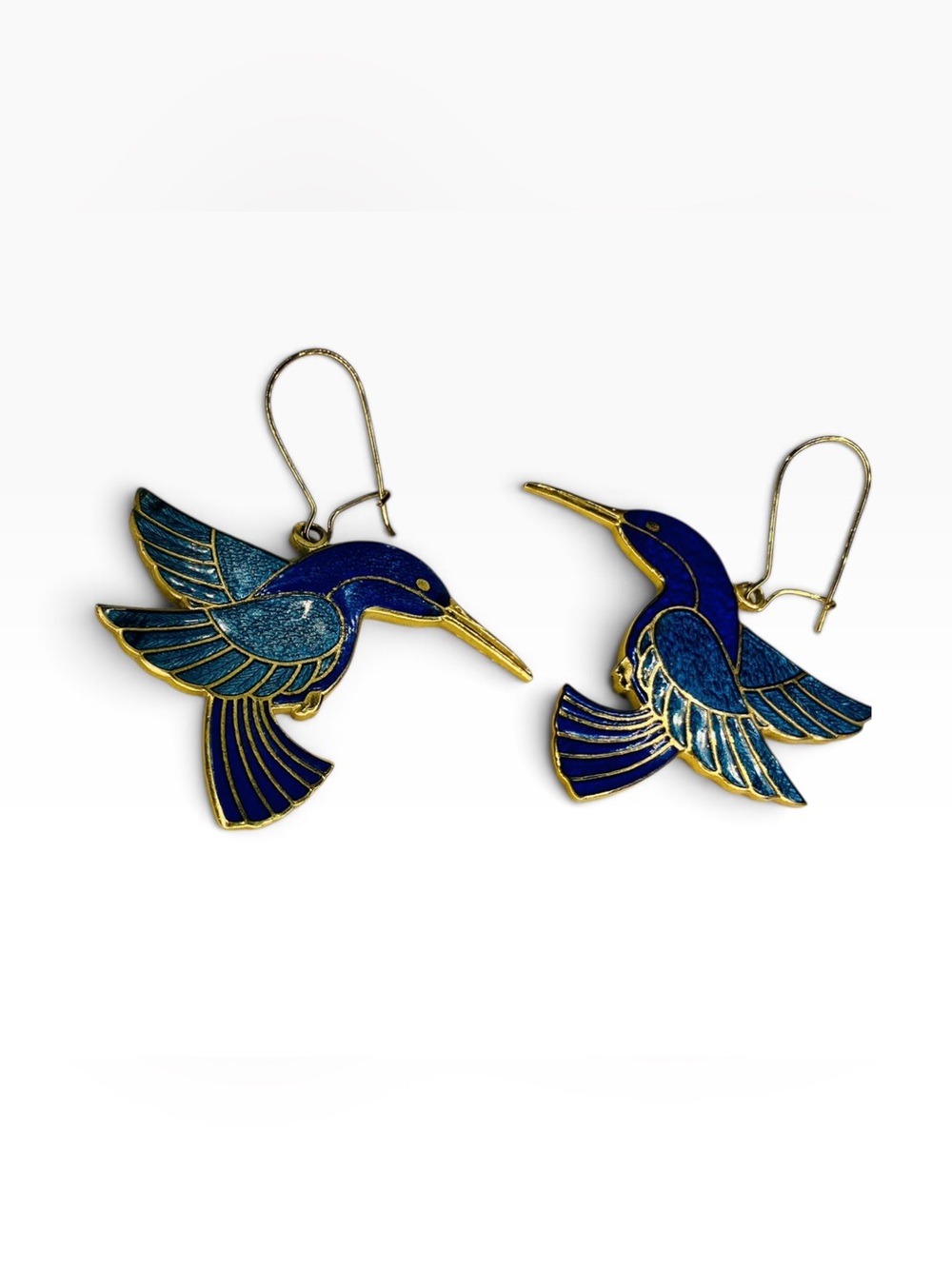 Vtg 90’s Boho Blue Enamel Birds Hummingbirds Pierced Gold Tone Dangle Earrings